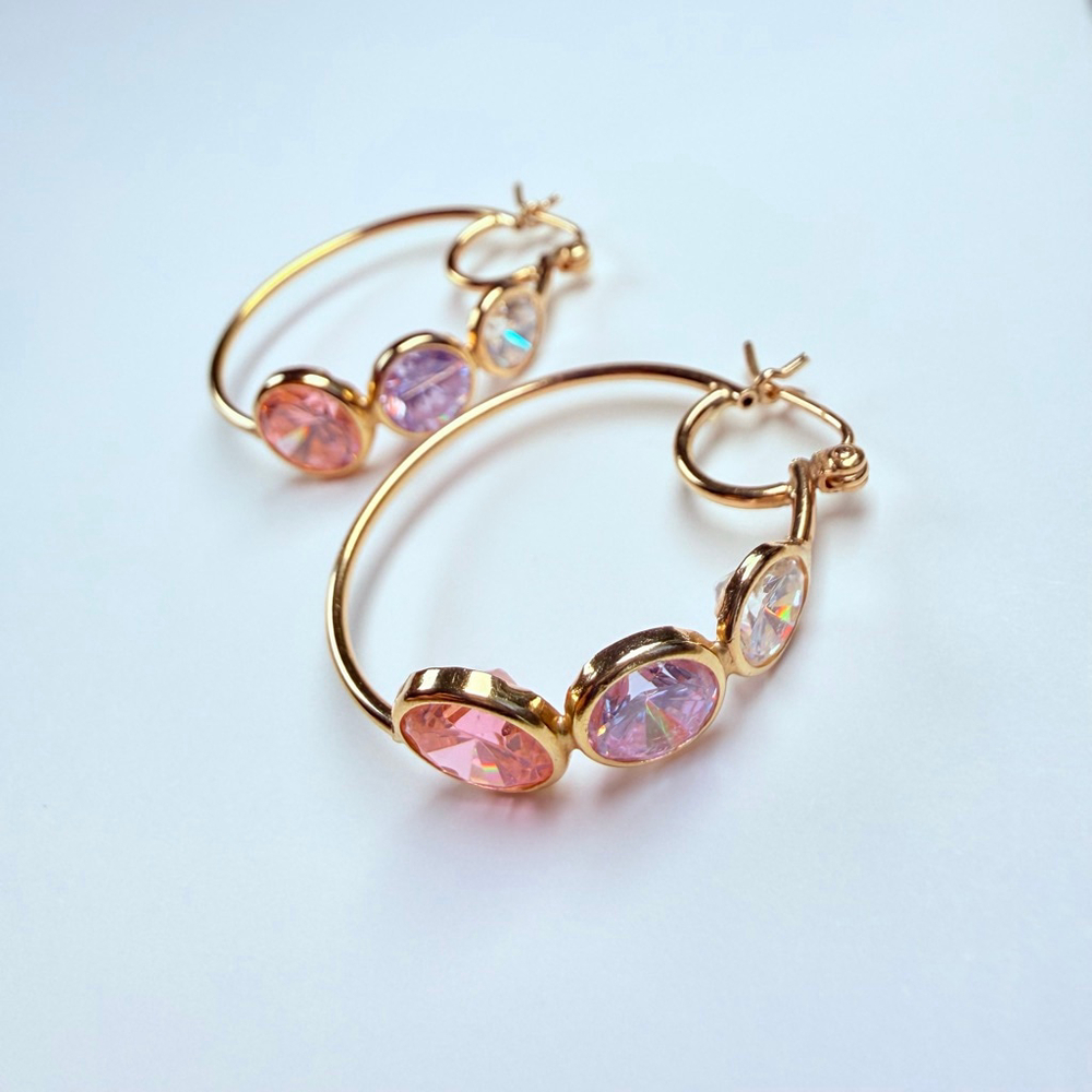 14K Solid Yellow Gold Rock Candy Gemstone Modern Hoop Earrings 28MM - Picture 12 of 13